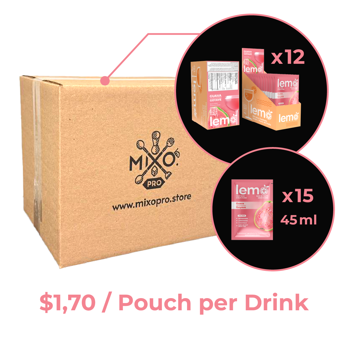 Guava Syrup LEMO, Carton of 200 pouches x45ml, no-box