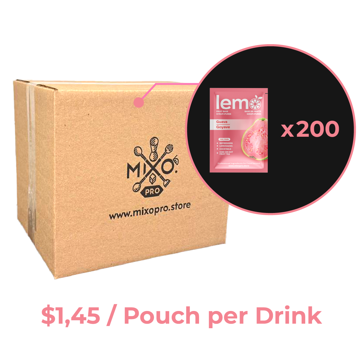 Guava Syrup LEMO, Carton of 200 pouches x45ml, no-box