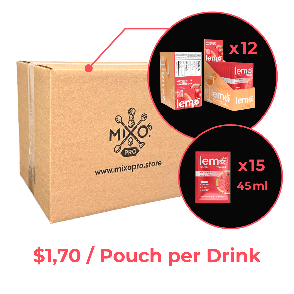 Watermelon Syrup LEMO, Carton of 200 pouches x45ml, no-box