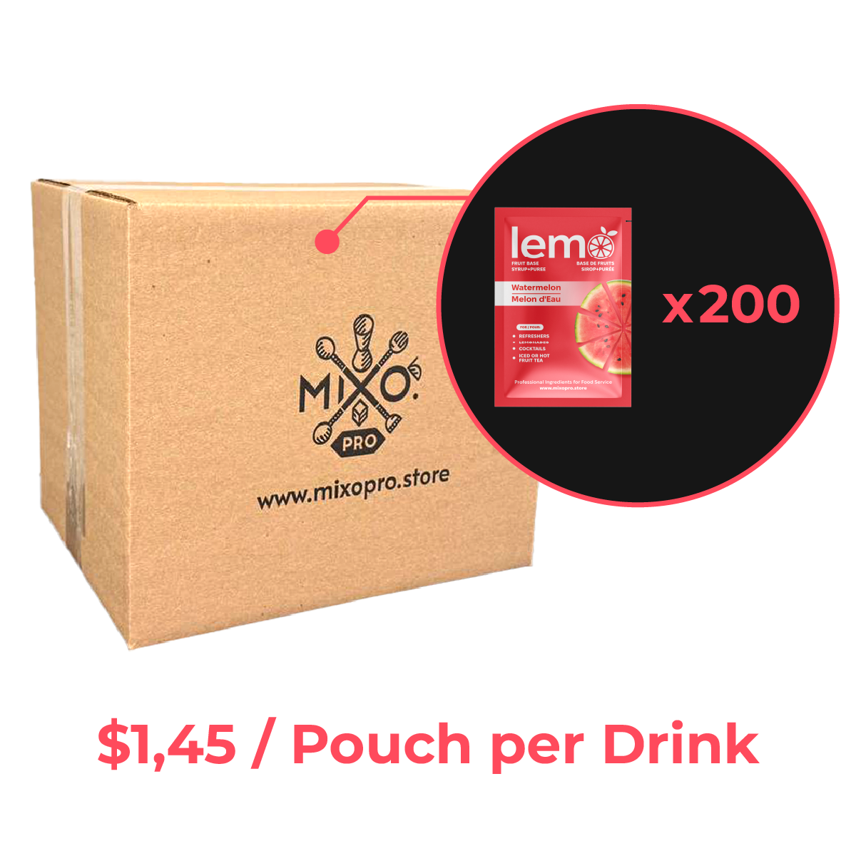 Watermelon Syrup LEMO, Carton of 200 pouches x45ml, no-box