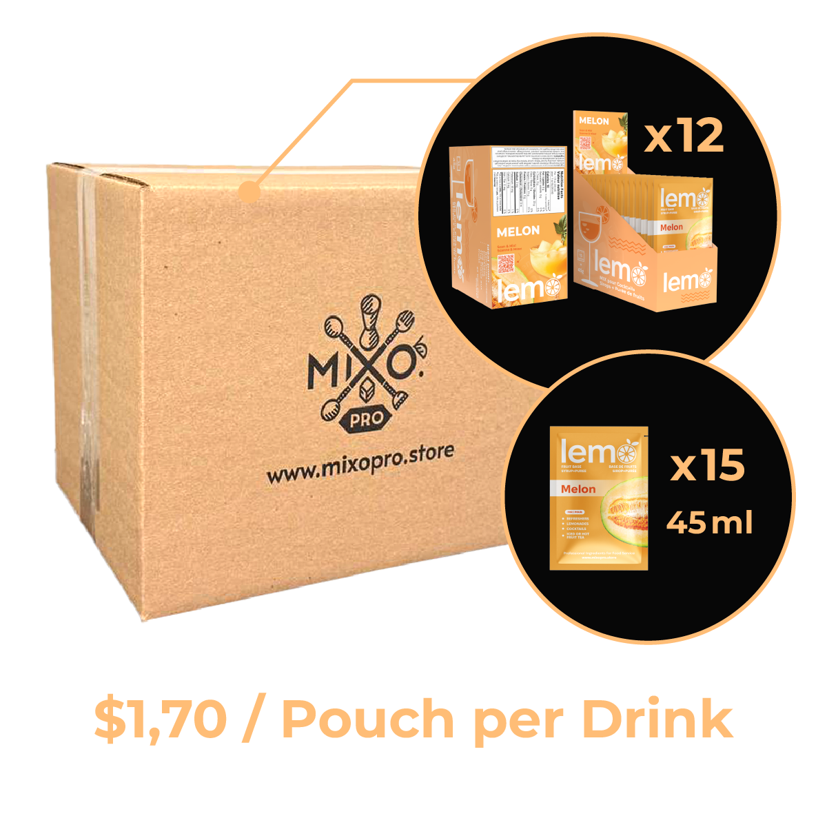 Melon Syrup LEMO, Box of 15 pouches x 45ml
