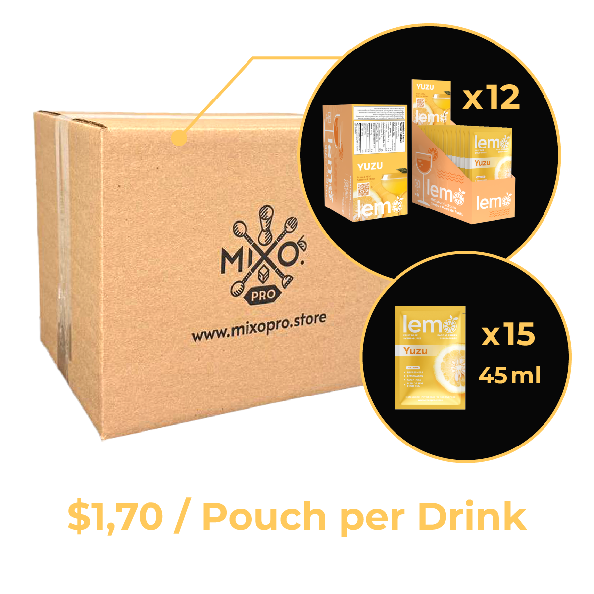 Yuzu Syrup LEMO, Carton of 12 boxes of 15 pouches x 45ml