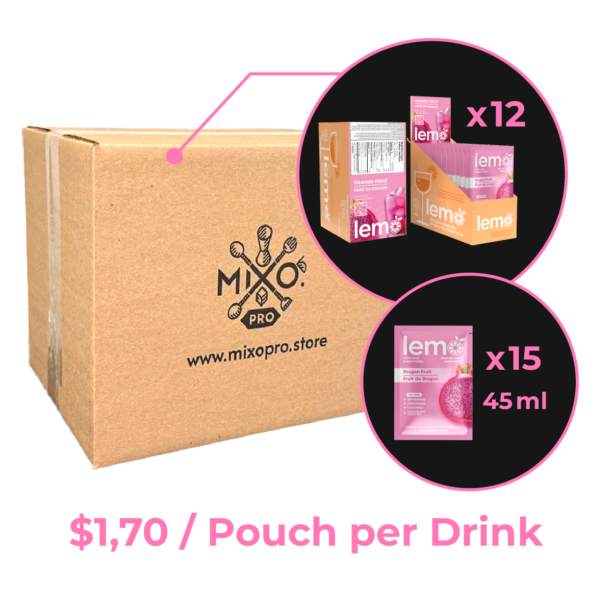 Dragon fruit Syrup LEMO, Box of 15 pouches x 45ml