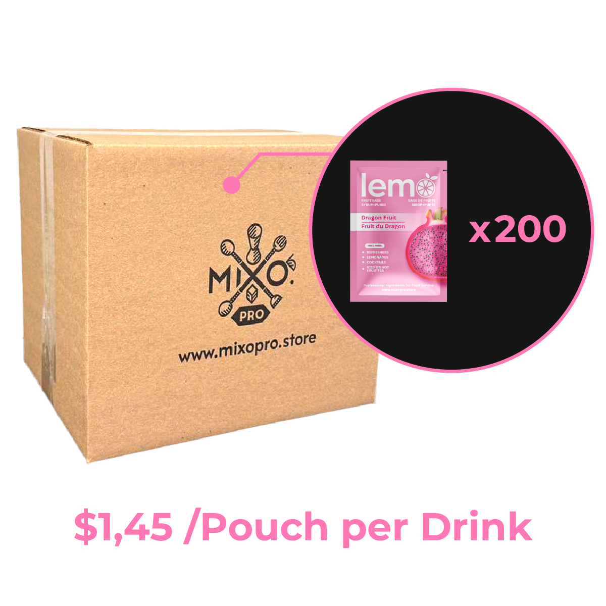 Dragon fruit Syrup LEMO, Box of 15 pouches x 45ml