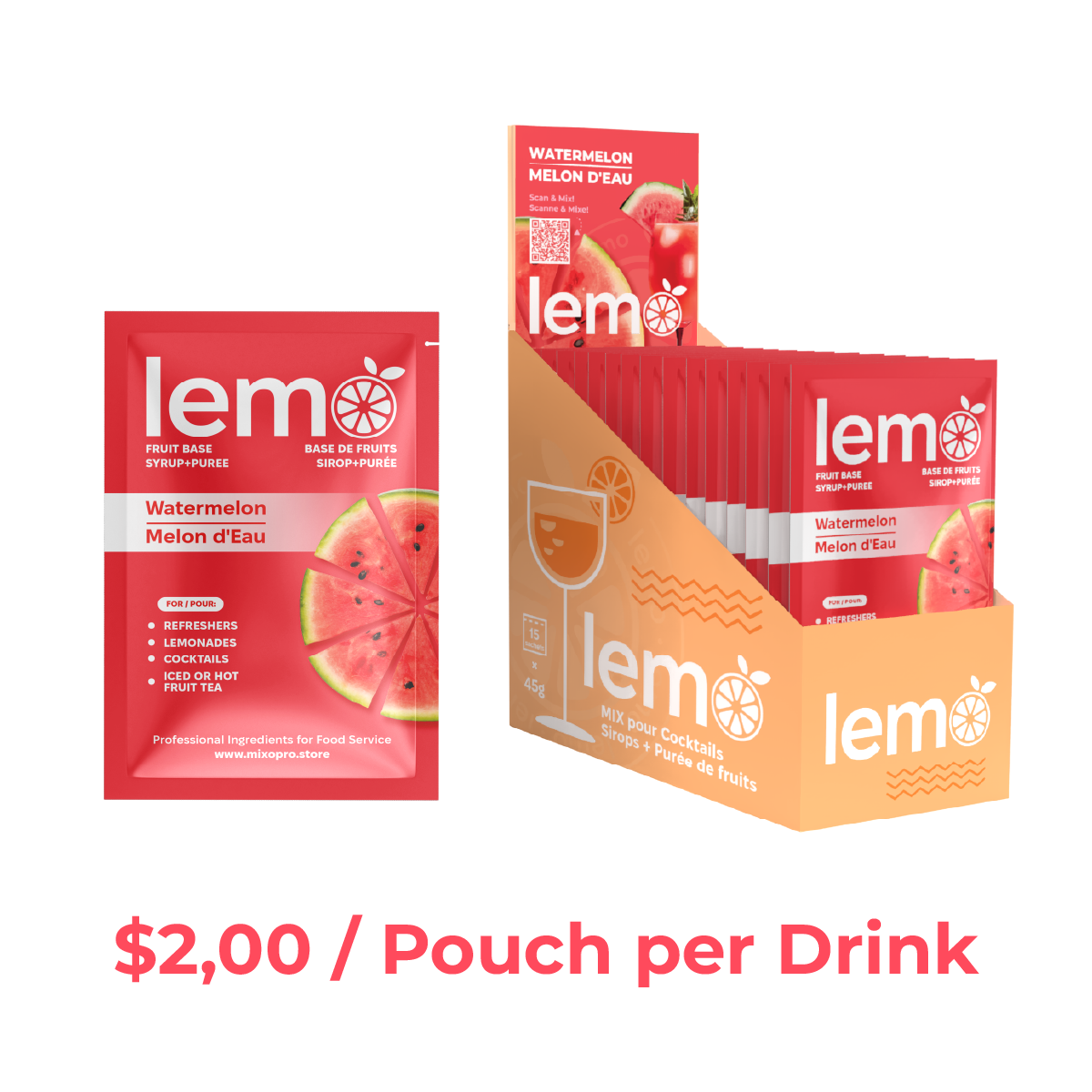 Watermelon Syrup LEMO, Carton of 200 pouches x45ml, no-box