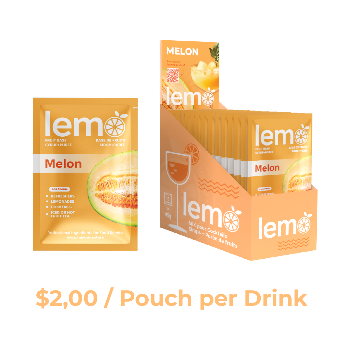 Melon Syrup LEMO, Box of 15 pouches x 45ml