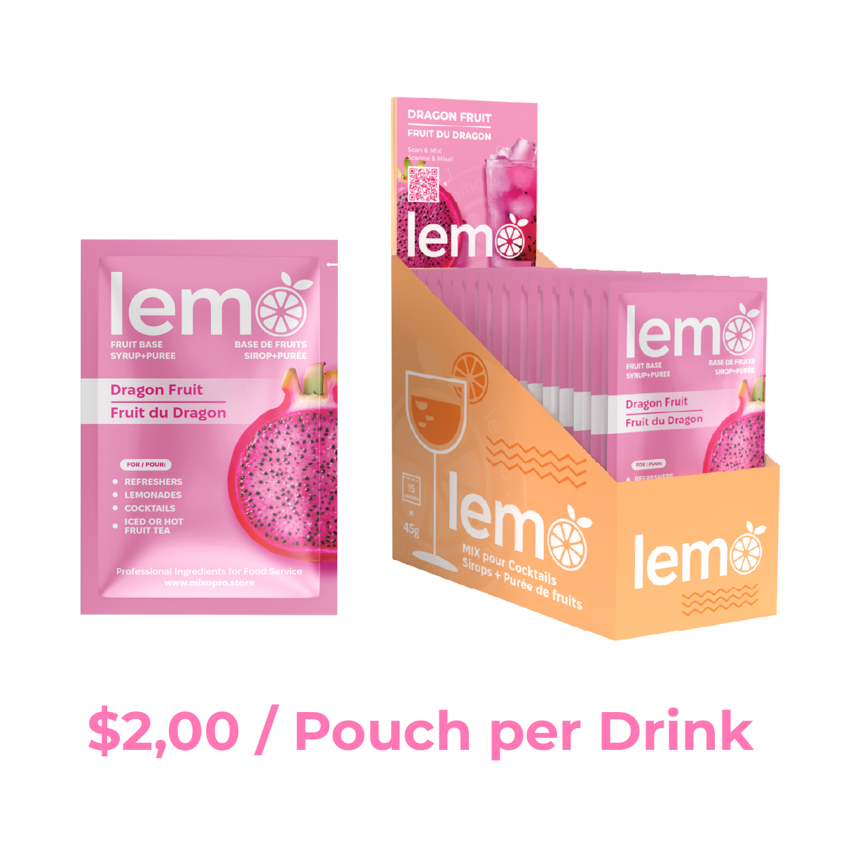 Dragon fruit Syrup LEMO, Box of 15 pouches x 45ml