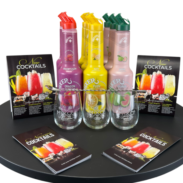 Kit Cocktail prêt à Servir – 9 purées de fruits MIXER, menu et verres