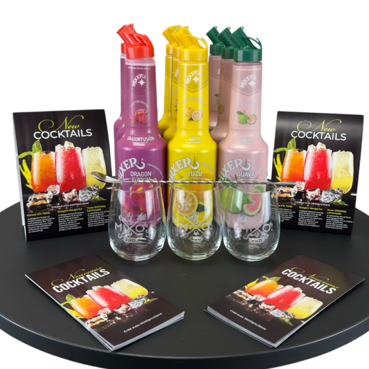Easy Cocktail Start Kit – 9 MIXER Fruit Purées, Menu & Glasses