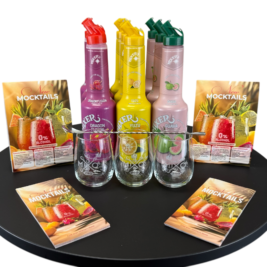 Easy Mocktail Start Kit – 9 MIXER Fruit Purée, Glassware & Menu