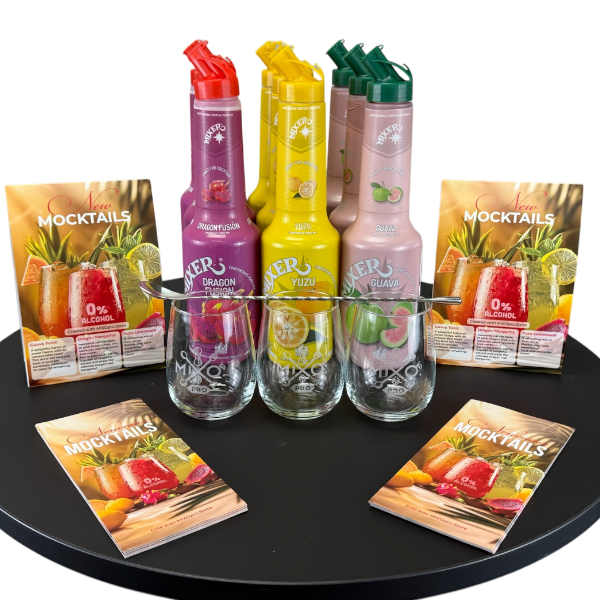 Kit Mocktail prêt à Servir sans alcool – 9 mixeurs, purée de fruits, verres et menu