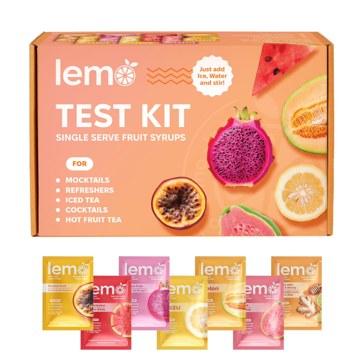 LEMO Test Kit with 7 syrup flavors: Dragon Fruit, Yuzu, Guava, Passion Fruit, Watermelon, Melon, Ginger with Lime & Honey. Refresh your menu with MIXOpro Montreal. | 7 saveurs de sirop LEMO : Fruit du Dragon, Yuzu, Goyave, Passion, Pastèque, Melon, Gingembre & Miel. Mettez à jour votre carte. MIXOpro Montréal.