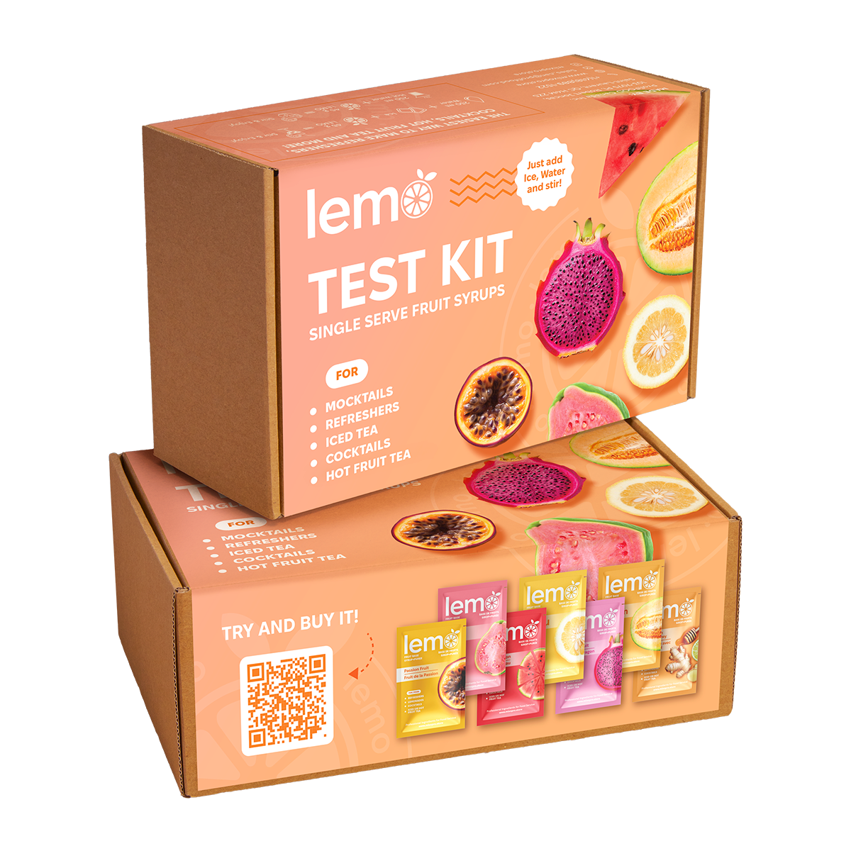 LEMO Syrups Test Kit with drink ideas: Refresher, Italian Soda, Cocktails, and Mocktails. For fast drinks without a bartender. MIXOpro Montreal. | Coffret Dégustation LEMO avec idées boissons : refresher, soda italien, cocktails, mocktails. Boissons rapides sans barman. MIXOpro Montréal.