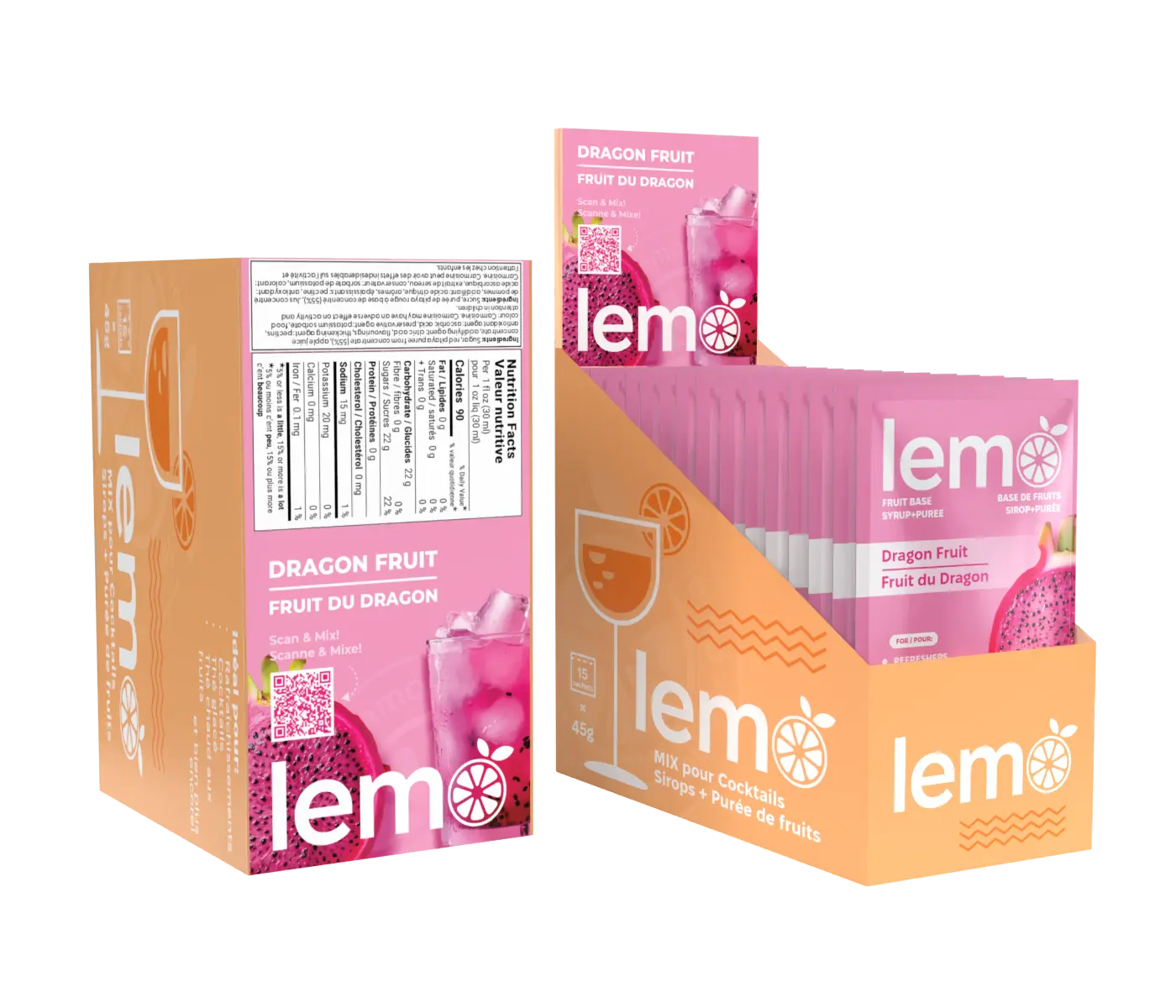 Syrup LEMO Dragonfruit, Box of 15 Pouches. Natural cocktail syrup for mocktails and lemonades by MIXOpro.Store, Montreal, Canada. Back label with ingredients. | Sirop LEMO Fruit du dragon – Boîte de 15 sachets. Sirop naturel pour cocktails, mocktails et citronnades. MIXOpro.Store, Montréal, Canada. Étiquette arrière avec ingrédients.