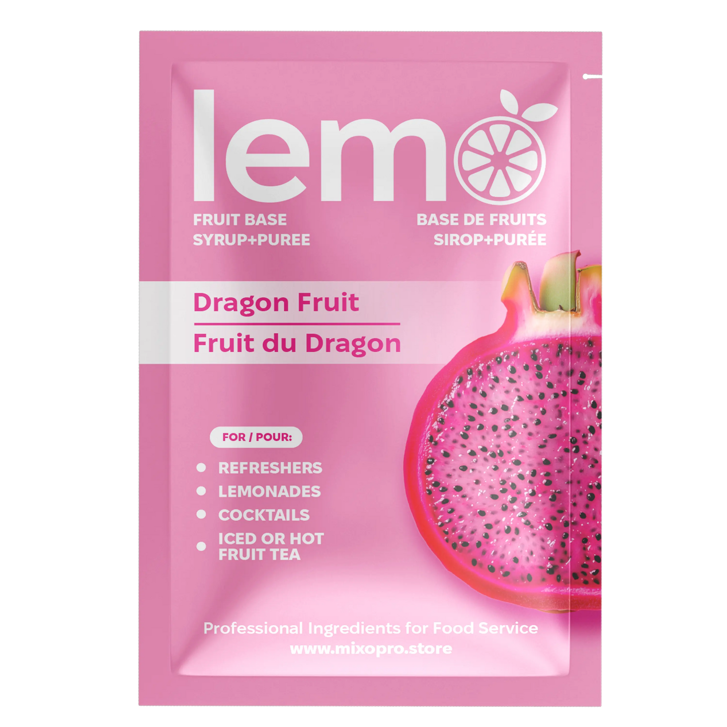 Single LEMO Syrup Sachet 45ml – Dragonfruit Flavor. Natural portioned syrup for cocktails, mocktails and iced drinks. From MIXOpro.Store, Canada | Sachet individuel de sirop LEMO 45ml – Saveur fruit du dragon. Sirop naturel portionné pour cocktails, mocktails et boissons glacées. MIXOpro.Store, Canada