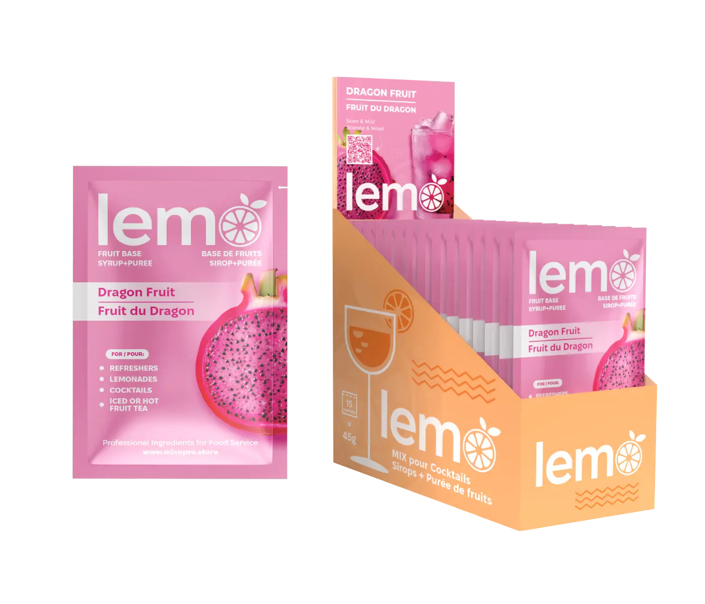 Syrup LEMO Dragonfruit – Single Serve 45ml Pouches, Box of 15. Natural cocktail syrup for mocktails and lemonades by MIXOpro.Store, Montreal, Canada | Sirop LEMO Fruit du dragon – Sachets individuels de 45ml, boîte de 15. Sirop naturel pour cocktails, mocktails et citronnades. MIXOpro.Store, Montréal, Canada