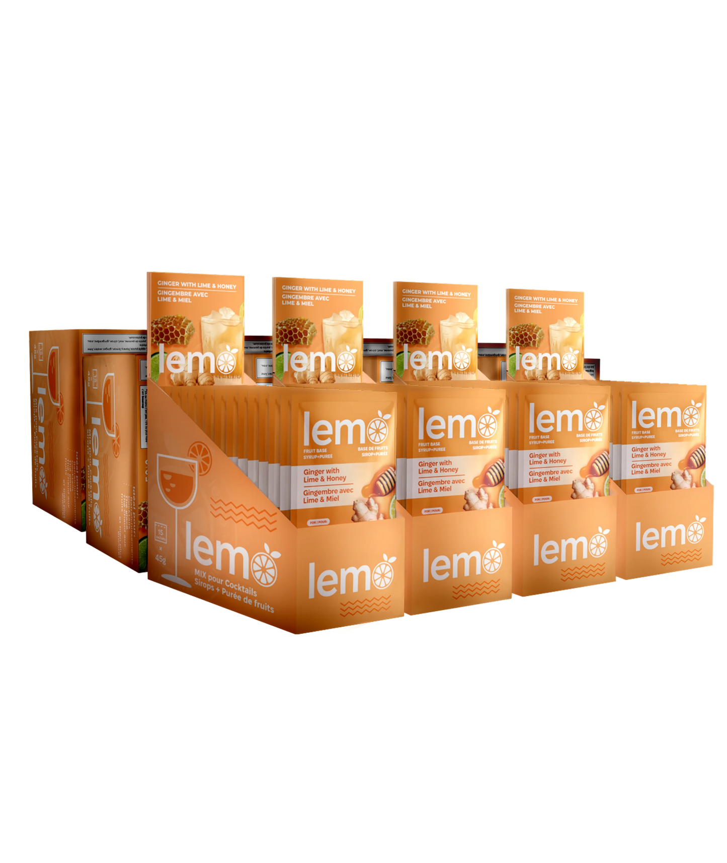 Bulk Carton of LEMO Ginger Lime & Honey Syrup – 12 boxes of 15x45ml pouches. Ideal for bars, cafés and wholesale. MIXOpro.Store, Canada | Carton en gros de sirop LEMO Gingembre Citron & Miel – 12 boîtes de 15 sachets de 45ml. Parfait pour bars, cafés et vente en gros. MIXOpro.Store, Canada