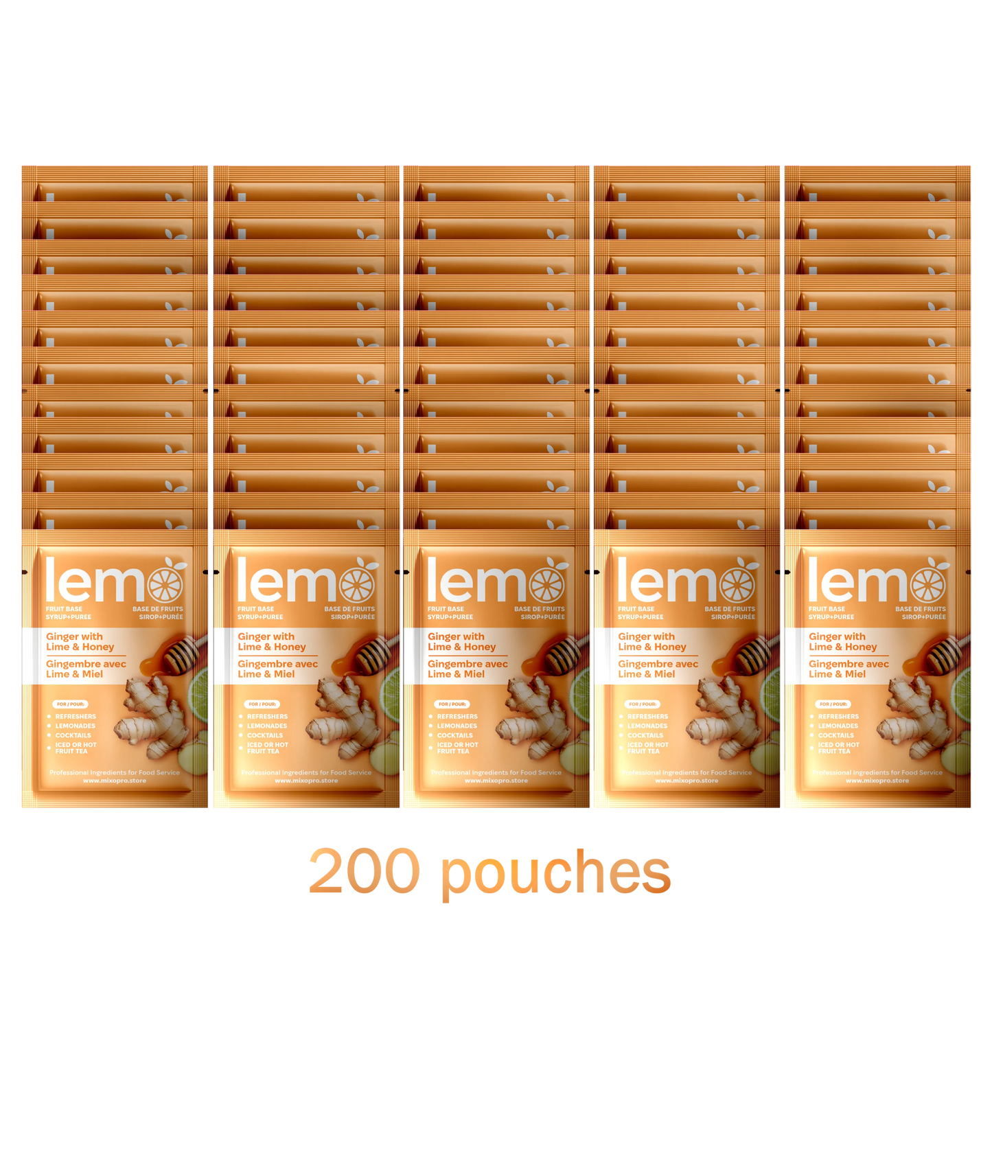 LEMO Ginger Lime & Honey Syrup – 200 Single-Serve 45ml Pouches (No Box). Natural syrup for events, catering and high-volume use. MIXOpro.Store, Montreal | Sirop LEMO Gingembre Citron & Miel – 200 sachets de 45ml en vrac (sans boîte). Sirop naturel pour événements, traiteurs et usage intensif. MIXOpro.Store, Montréal