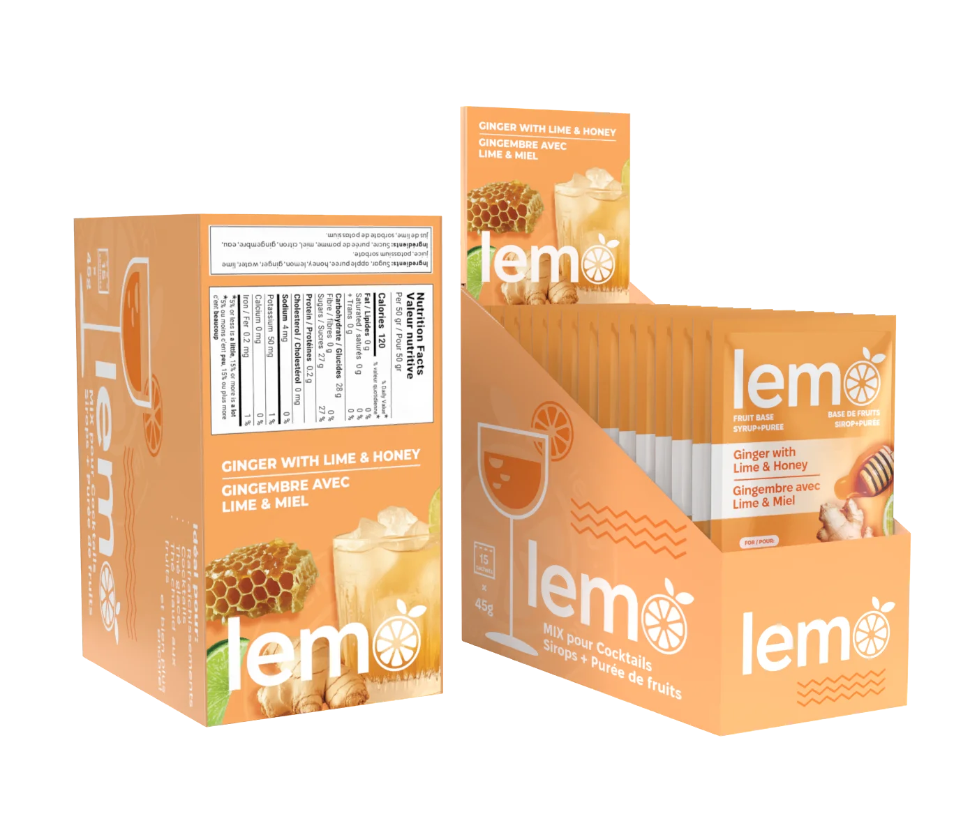 LEMO Ginger Lime & Honey Syrup – 15x45ml pouches with ingredients shown on back label. Natural cocktail syrup with real ginger and honey. MIXOpro.Store, Canada | Sirop LEMO Gingembre Citron & Miel – Boîte de 15 sachets de 45ml avec étiquette arrière affichant les ingrédients. Sirop naturel au vrai gingembre et miel. MIXOpro.Store, Canada