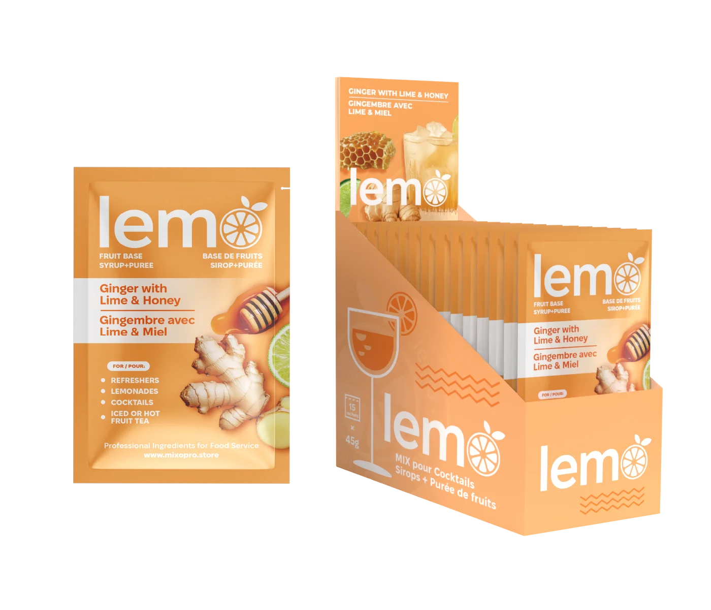 LEMO Ginger with Lime & Honey Syrup – Box of 15 Single-Serve 45ml Pouches. Natural syrup for cocktails, mocktails and cold drinks. MIXOpro.Store, Montreal, Canada | Sirop LEMO Gingembre Citron & Miel – Boîte de 15 sachets individuels de 45ml. Sirop naturel pour cocktails, mocktails et boissons froides. MIXOpro.Store, Montréal, Canada