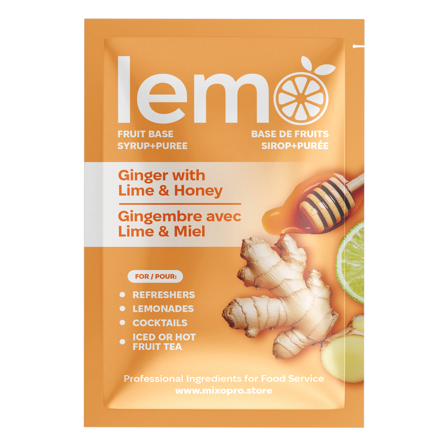 LEMO Ginger Lime & Honey Syrup – Single 45ml Sachet. Natural portioned syrup for cocktails, mocktails and wellness drinks. MIXOpro.Store, Canada | Sirop LEMO Gingembre Citron & Miel – Sachet individuel de 45ml. Sirop naturel portionné pour cocktails, mocktails et boissons bien-être. MIXOpro.Store, Canada