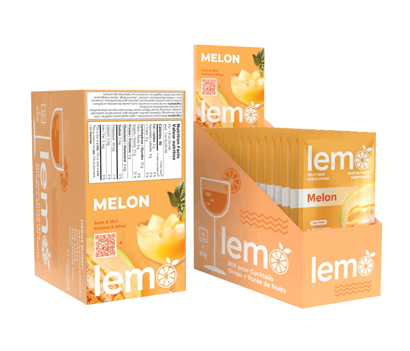 LEMO Melon Syrup – Ingredients and nutrition info shown on back label. Natural single-serve syrup with real melon flavor. MIXOpro.Store, Canada | Sirop LEMO Melon – Étiquette arrière avec ingrédients et informations nutritionnelles. Sirop naturel en format individuel au goût authentique de melon. MIXOpro.Store, Canada