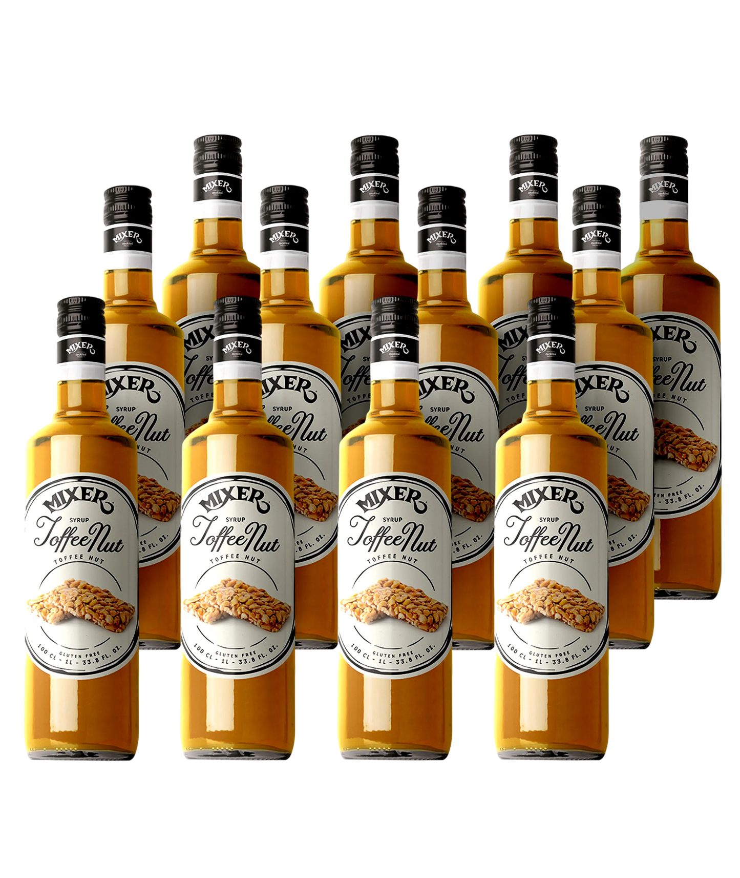 Toffee nut cocktail syrup – pack of 12 x 1L bottles, discounted bulk offer for mixers – Mixopro | Sirop pour cocktail saveur noix et caramel – pack de 12 x 1L, vente en gros à prix réduit – Mixopro