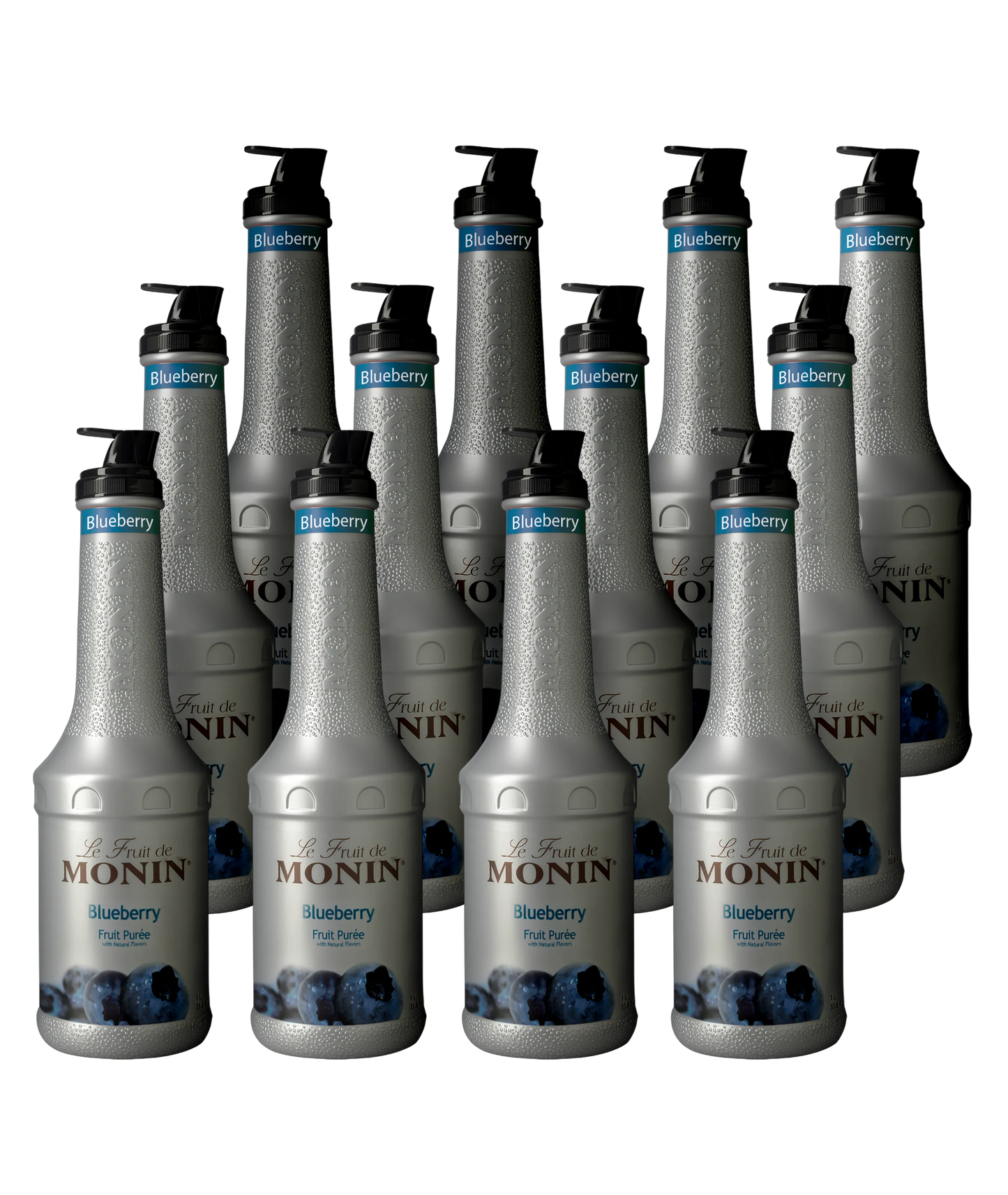 Wholesale pack of 12 x 1L Monin blueberry fruit puree bottles – B2B discount from Mixopro | Purée de myrtille Monin – pack 12 x 1L en gros, offre B2B chez Mixopro