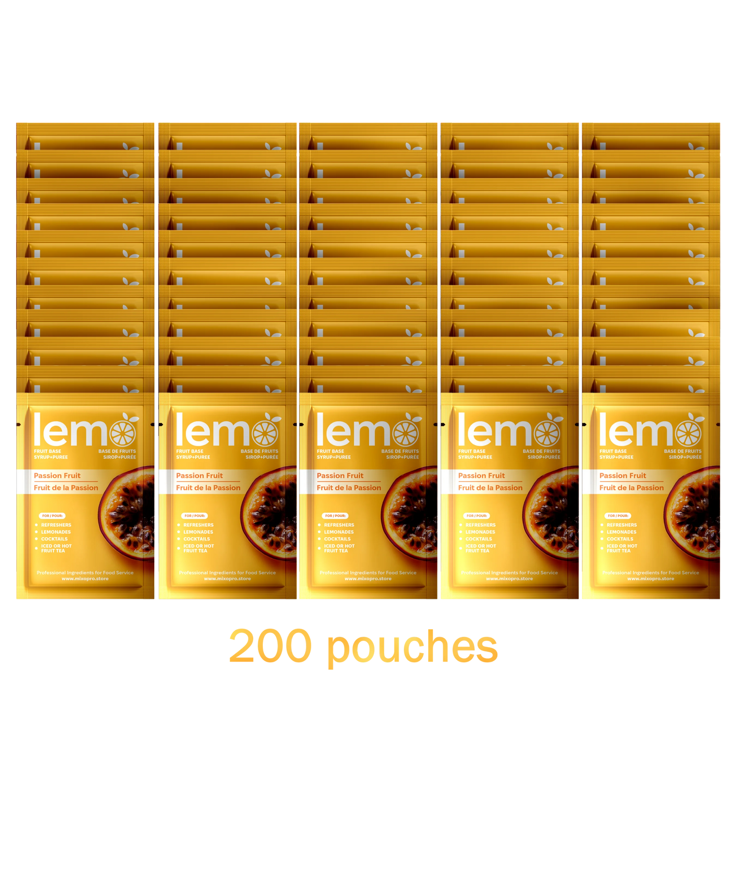 LEMO Passionfruit Syrup – 45ml Single-Serve Sachet. Exotic fruit syrup for cocktails, mocktails and lemonades. MIXOpro.Store, Canada | Sirop LEMO Fruit de la passion – Sachet individuel de 45ml. Sirop exotique pour cocktails, mocktails et citronnades. MIXOpro.Store, Canada