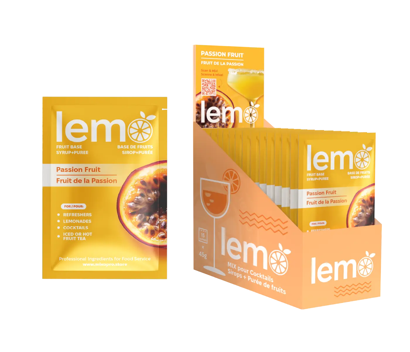 LEMO Passionfruit Syrup – Box of 15 Single-Serve 45ml Pouches. Natural cocktail syrup for mocktails, lemonades and fruit drinks. MIXOpro.Store, Montreal, Canada | Sirop LEMO Fruit de la passion – Boîte de 15 sachets individuels de 45ml. Sirop naturel pour cocktails, mocktails et boissons aux fruits. MIXOpro.Store, Montréal, Canada