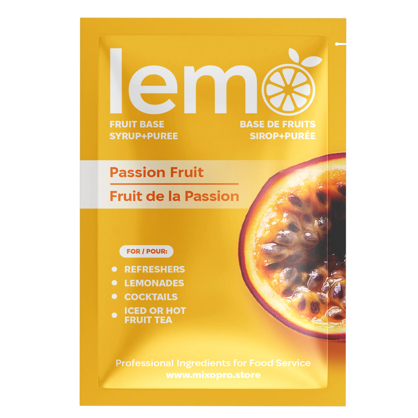 LEMO Passionfruit Syrup – 45ml Single-Serve Sachet. Exotic fruit syrup for cocktails, mocktails and lemonades. MIXOpro.Store, Canada | Sirop LEMO Fruit de la passion – Sachet individuel de 45ml. Sirop exotique pour cocktails, mocktails et citronnades. MIXOpro.Store, Canada