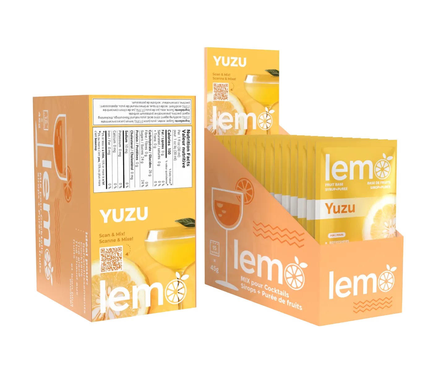 LEMO Yuzu Syrup – Back label with ingredients. Natural cocktail syrup made with real fruit juice. Single Serve Box of 15x45ml pouches. MIXOpro.Store, Canada | Sirop LEMO Yuzu – Étiquette arrière avec la liste des ingrédients. Sirop naturel pour cocktails, fait à base de vrai jus de fruit. Boîte de 15 sachets de 45ml. MIXOpro.Store, Canada