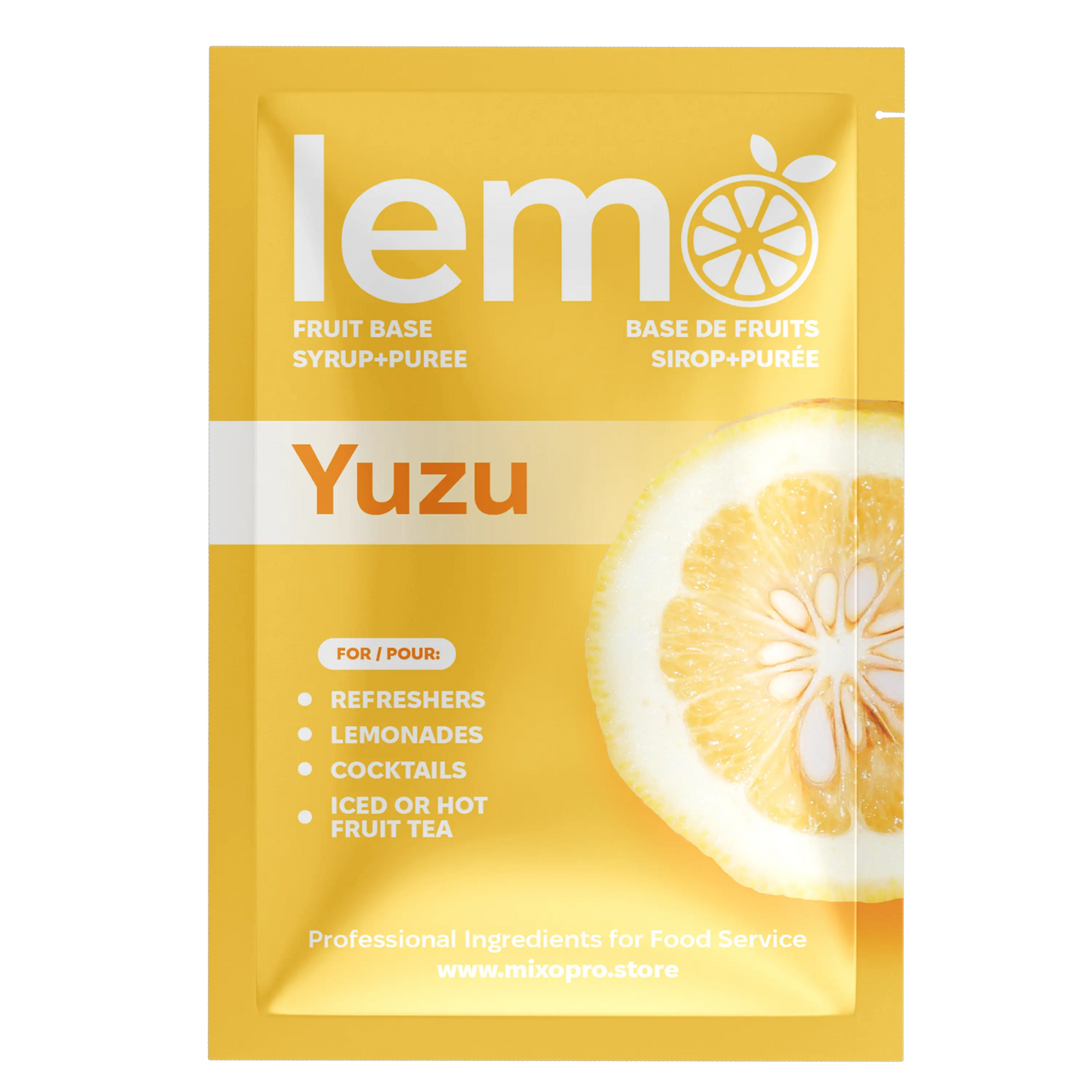 LEMO Yuzu Syrup – 45ml Single-Serve Sachet. Natural and refreshing syrup for cocktails and mocktails. MIXOpro.Store, Canada | Sirop LEMO Yuzu – Sachet individuel de 45ml. Sirop naturel et rafraîchissant pour cocktails et mocktails. MIXOpro.Store, Canada