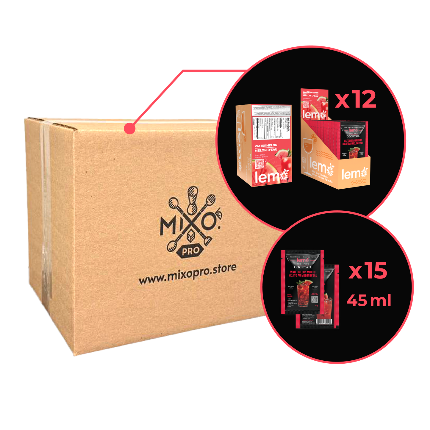Watermelon Syrup LEMO, Box of 15 pouches x 45ml