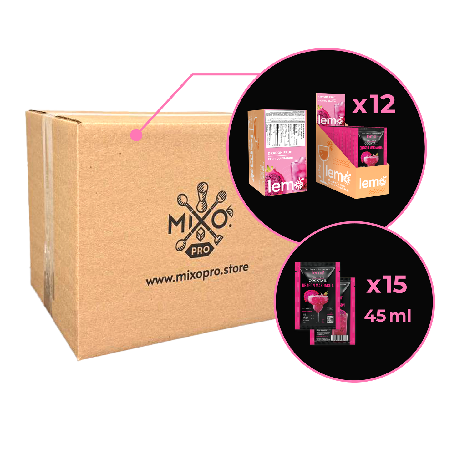 Dragon fruit Syrup LEMO, Box of 15 pouches x 45ml