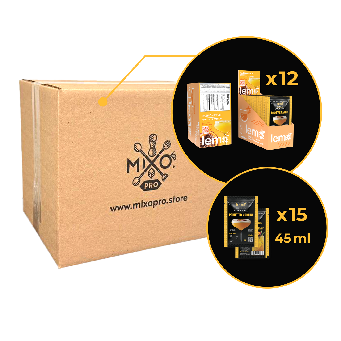 Passion fruit Syrup LEMO, Box of 15 pouches x 45ml