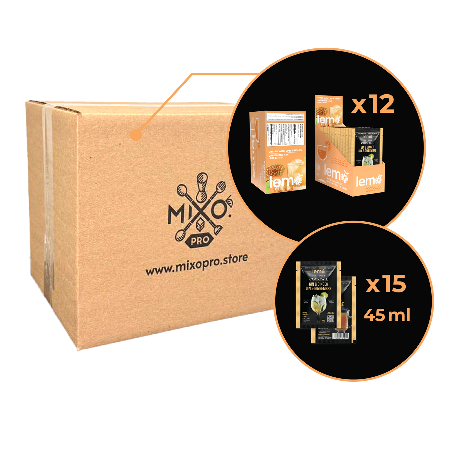 Ginger with Lime&Honey Syrup LEMO, Box of 15 pouches x 45ml