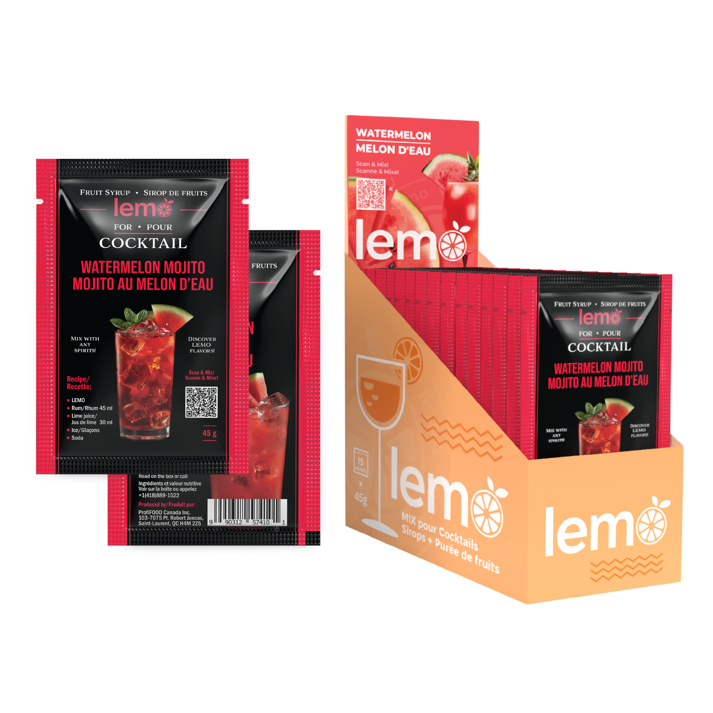 Watermelon Syrup LEMO, Box of 15 pouches x 45ml