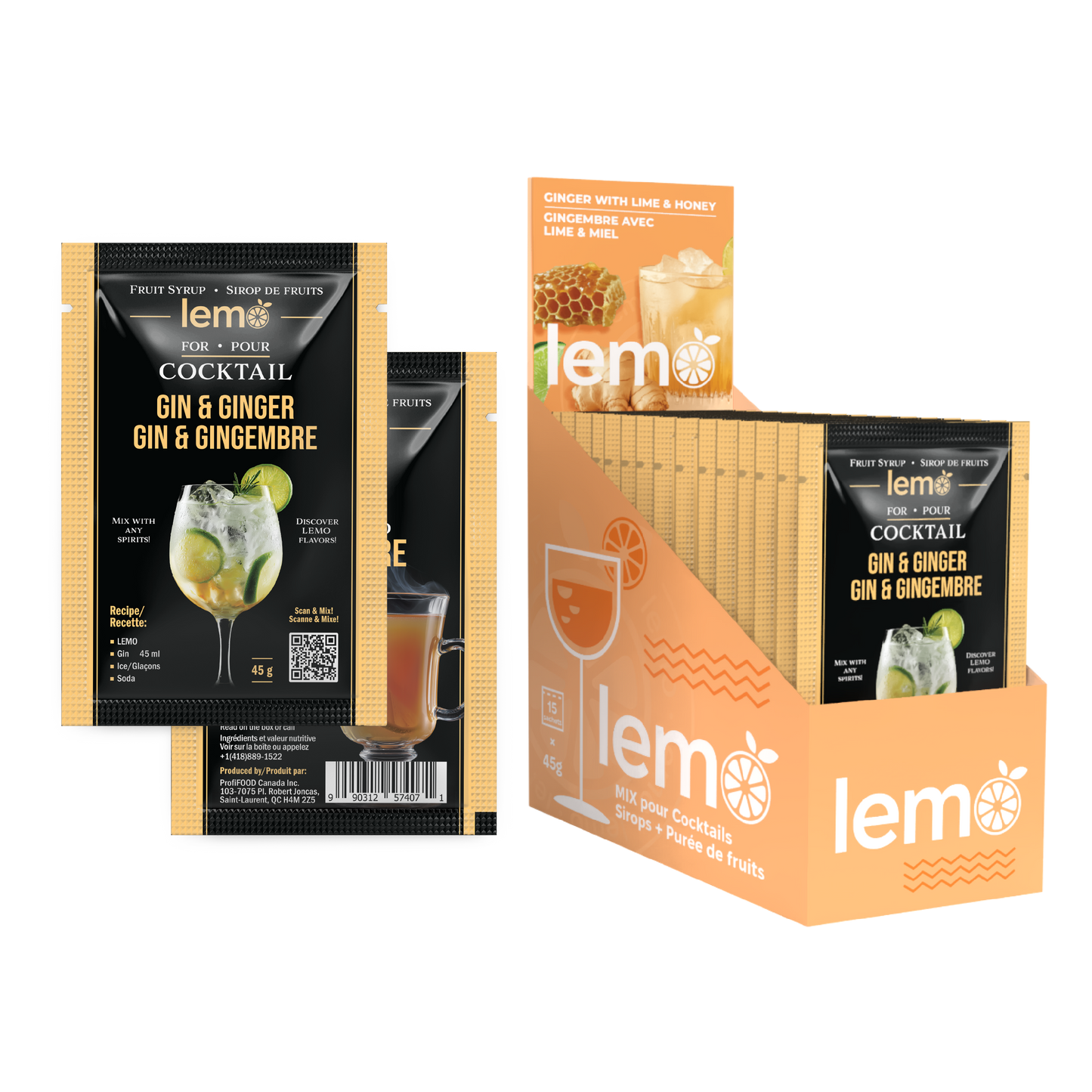 Ginger with Lime&Honey Syrup LEMO, Box of 15 pouches x 45ml