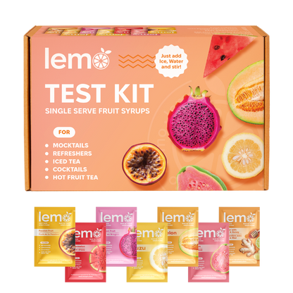 LEMO Test Kit with 7 syrup flavors: Dragon Fruit, Yuzu, Guava, Passion Fruit, Watermelon, Melon, Ginger with Lime & Honey. Refresh your menu with MIXOpro Montreal. | 7 saveurs de sirop LEMO : Fruit du Dragon, Yuzu, Goyave, Passion, Pastèque, Melon, Gingembre & Miel. Mettez à jour votre carte. MIXOpro Montréal.