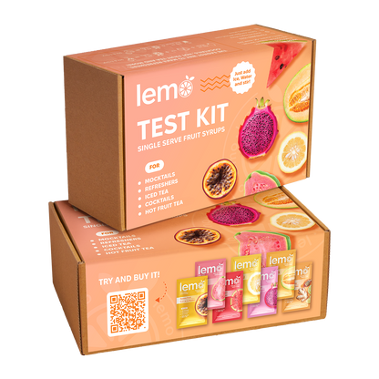 LEMO Syrups Test Kit with drink ideas: Refresher, Italian Soda, Cocktails, and Mocktails. For fast drinks without a bartender. MIXOpro Montreal. | Coffret Dégustation LEMO avec idées boissons : refresher, soda italien, cocktails, mocktails. Boissons rapides sans barman. MIXOpro Montréal.