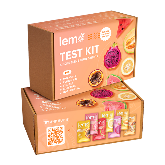 LEMO Syrups Test Kit with drink ideas: Refresher, Italian Soda, Cocktails, and Mocktails. For fast drinks without a bartender. MIXOpro Montreal. | Coffret Dégustation LEMO avec idées boissons : refresher, soda italien, cocktails, mocktails. Boissons rapides sans barman. MIXOpro Montréal.