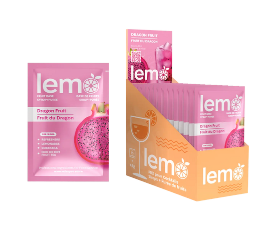 Syrup LEMO Dragonfruit – Single Serve 45ml Pouches, Box of 15. Natural cocktail syrup for mocktails and lemonades by MIXOpro.Store, Montreal, Canada | Sirop LEMO Fruit du dragon – Sachets individuels de 45ml, boîte de 15. Sirop naturel pour cocktails, mocktails et citronnades. MIXOpro.Store, Montréal, Canada