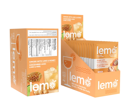 LEMO Ginger Lime & Honey Syrup – 15x45ml pouches with ingredients shown on back label. Natural cocktail syrup with real ginger and honey. MIXOpro.Store, Canada | Sirop LEMO Gingembre Citron & Miel – Boîte de 15 sachets de 45ml avec étiquette arrière affichant les ingrédients. Sirop naturel au vrai gingembre et miel. MIXOpro.Store, Canada