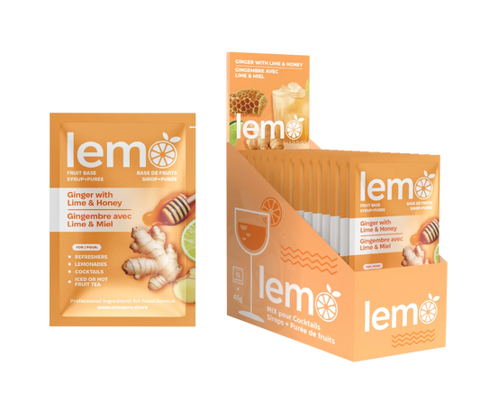 LEMO Ginger with Lime & Honey Syrup – Box of 15 Single-Serve 45ml Pouches. Natural syrup for cocktails, mocktails and cold drinks. MIXOpro.Store, Montreal, Canada | Sirop LEMO Gingembre Citron & Miel – Boîte de 15 sachets individuels de 45ml. Sirop naturel pour cocktails, mocktails et boissons froides. MIXOpro.Store, Montréal, Canada