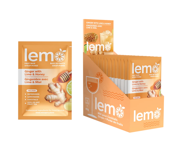 LEMO Ginger with Lime & Honey Syrup – Box of 15 Single-Serve 45ml Pouches. Natural syrup for cocktails, mocktails and cold drinks. MIXOpro.Store, Montreal, Canada | Sirop LEMO Gingembre Citron & Miel – Boîte de 15 sachets individuels de 45ml. Sirop naturel pour cocktails, mocktails et boissons froides. MIXOpro.Store, Montréal, Canada