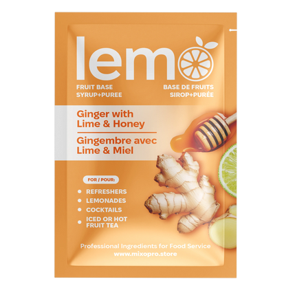 LEMO Ginger Lime & Honey Syrup – Single 45ml Sachet. Natural portioned syrup for cocktails, mocktails and wellness drinks. MIXOpro.Store, Canada | Sirop LEMO Gingembre Citron & Miel – Sachet individuel de 45ml. Sirop naturel portionné pour cocktails, mocktails et boissons bien-être. MIXOpro.Store, Canada