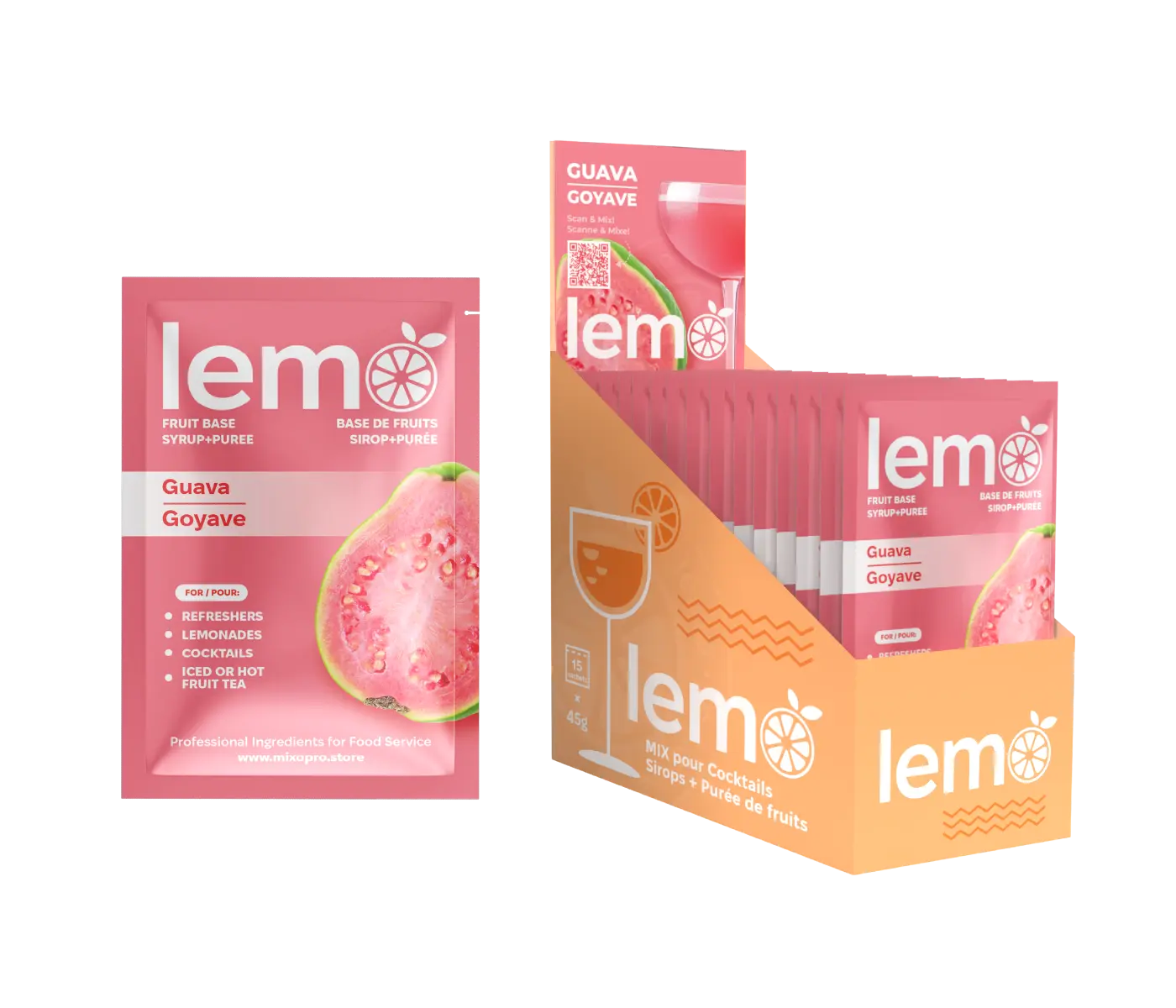 LEMO Guava Syrup – Box of 15 Single-Serve 45ml Pouches. Natural syrup for cocktails, mocktails and lemonades. MIXOpro.Store, Montreal, Canada | Sirop LEMO Goyave – Boîte de 15 sachets individuels de 45ml. Sirop naturel pour cocktails, mocktails et citronnades. MIXOpro.Store, Montréal, Canada
