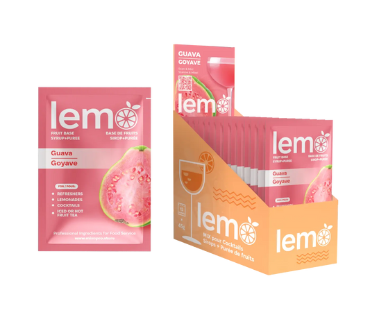LEMO Guava Syrup – Box of 15 Single-Serve 45ml Pouches. Natural syrup for cocktails, mocktails and lemonades. MIXOpro.Store, Montreal, Canada | Sirop LEMO Goyave – Boîte de 15 sachets individuels de 45ml. Sirop naturel pour cocktails, mocktails et citronnades. MIXOpro.Store, Montréal, Canada