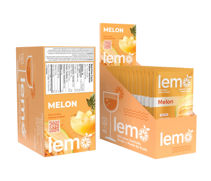 LEMO Melon Syrup – Ingredients and nutrition info shown on back label. Natural single-serve syrup with real melon flavor. MIXOpro.Store, Canada | Sirop LEMO Melon – Étiquette arrière avec ingrédients et informations nutritionnelles. Sirop naturel en format individuel au goût authentique de melon. MIXOpro.Store, Canada